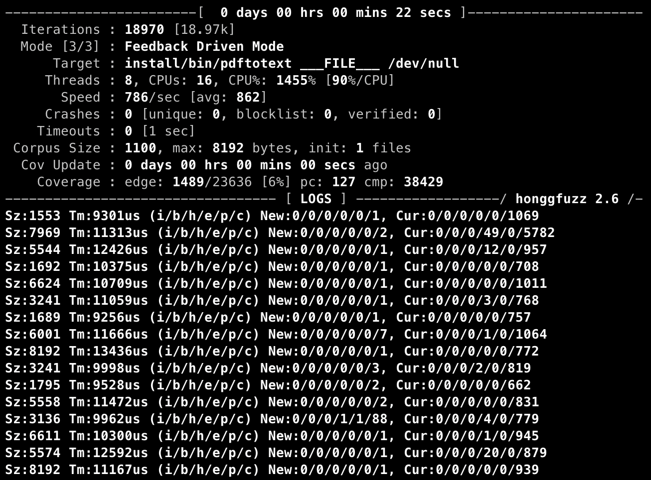 Example of Honggfuzz running on a target.