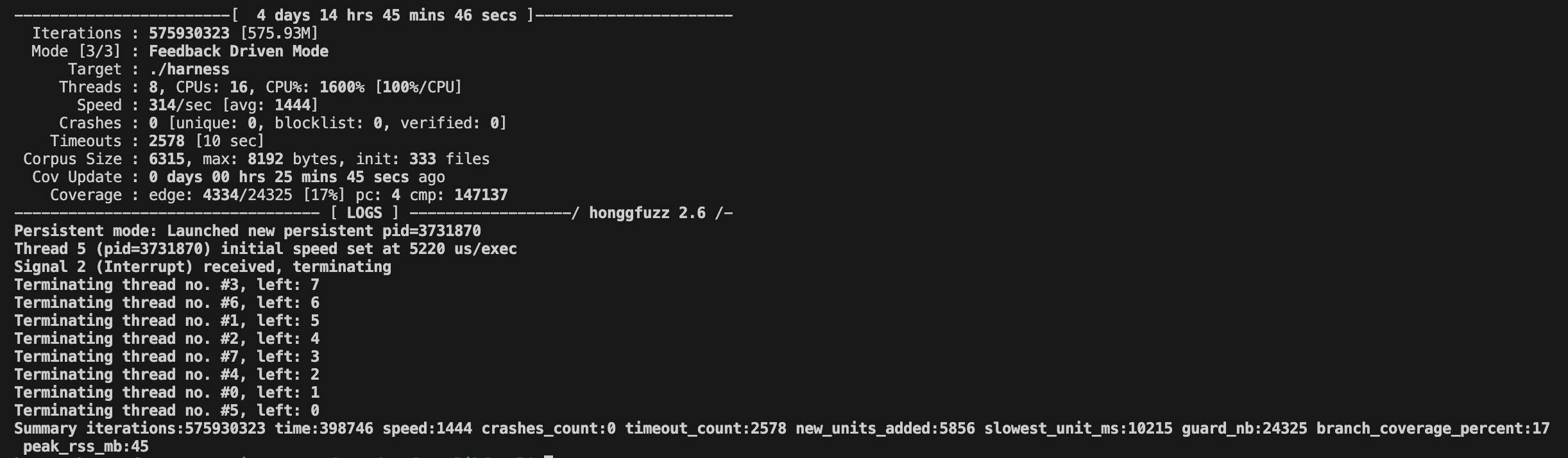 Honggfuzz output for running our harness on libfyaml.