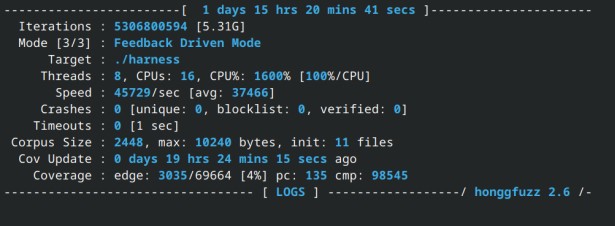 Honggfuzz output while running our harness on PoDoFo.