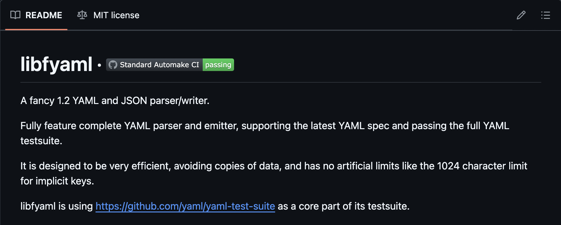 README description for libfyaml.